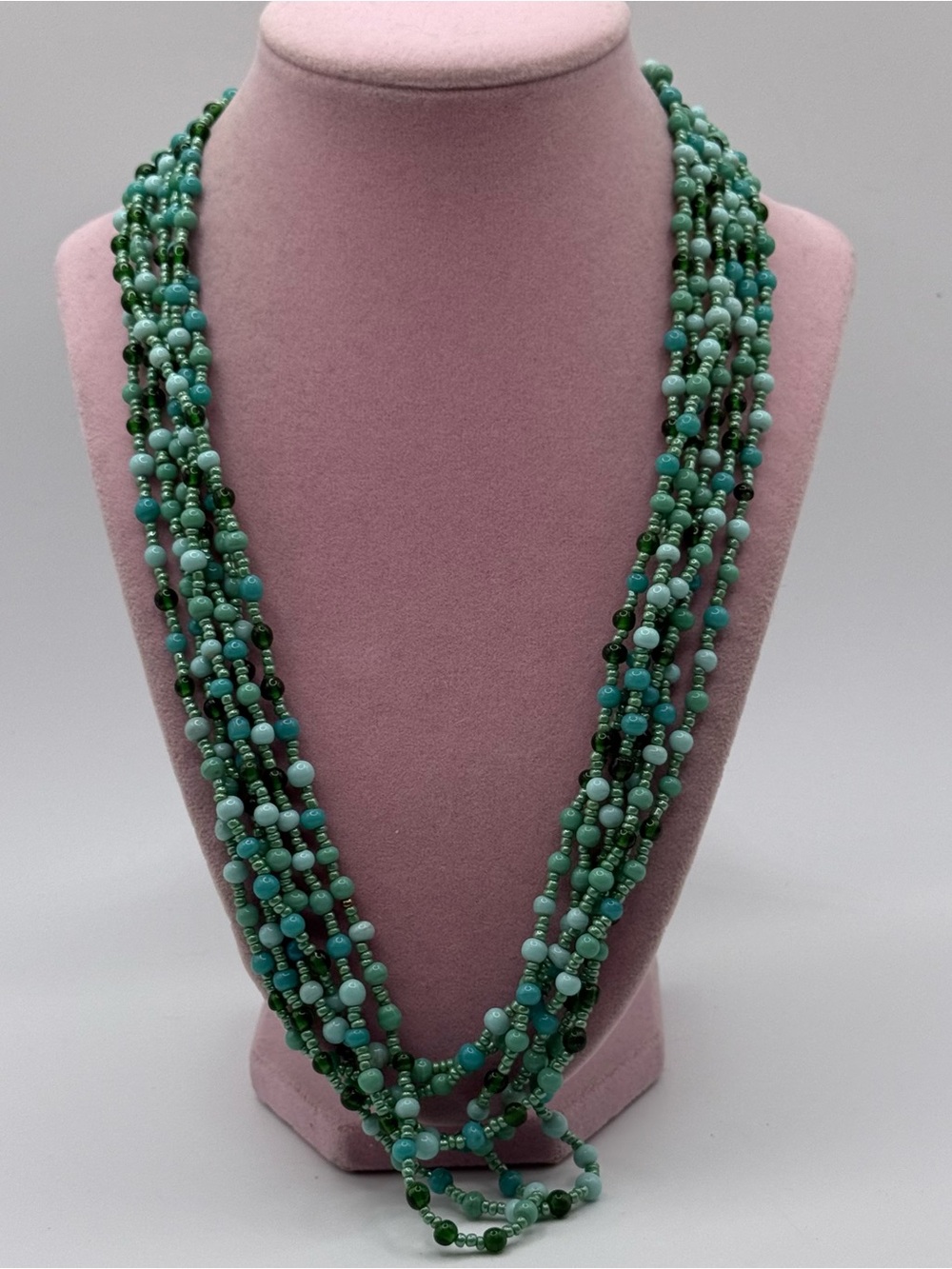 Multi-Strand Green glass Beaded Necklace